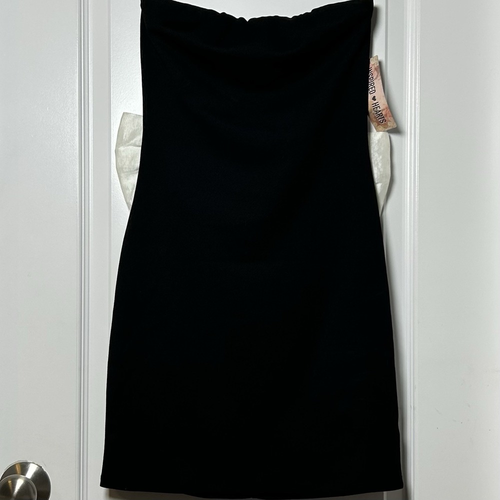 Inspired Hearts Black Strapless Stretch Bodycon Ivory Oversized Bow Mini Dress